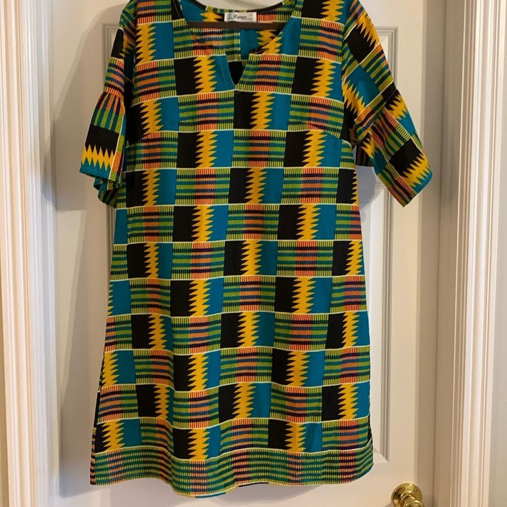 Casual Yellow, Red and Black Bohemian Dress with Crew Neck NWOT never worn